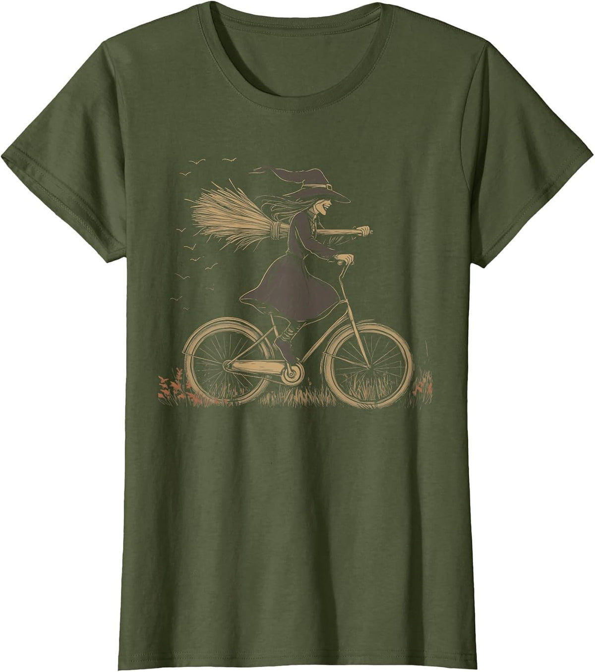 Vintage Spooky Witch Riding Bicycle Cycing Biking Halloween T-Shirt - Olive Green