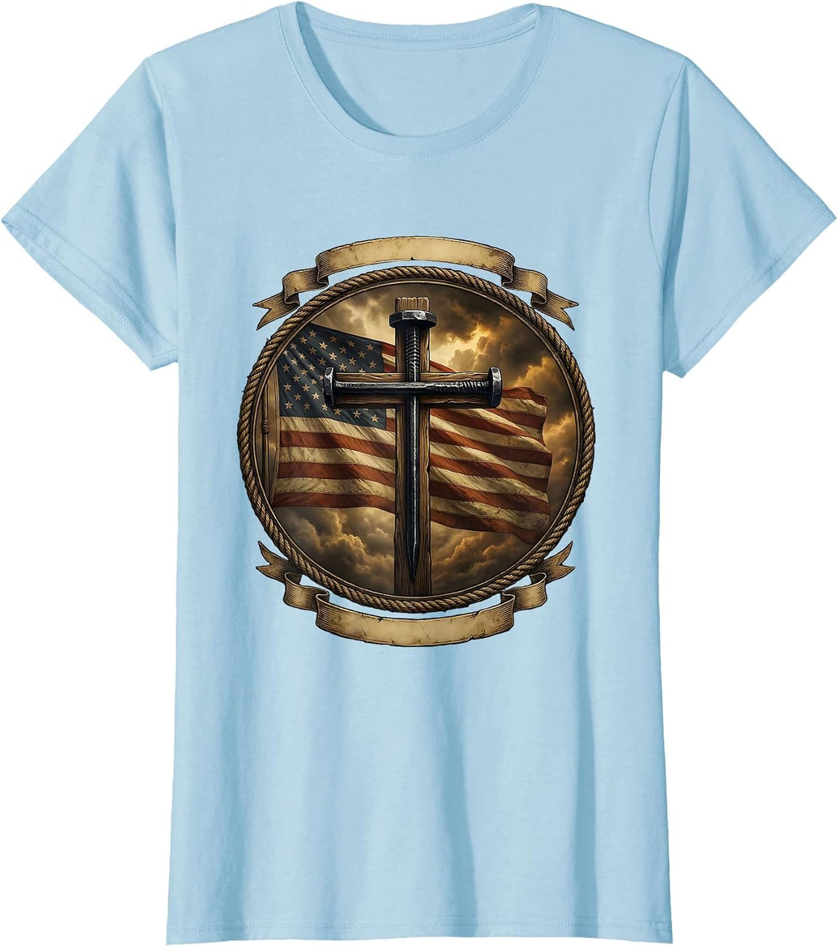 3 Nails Cross Stormy Sky Christian Graphic T-Shirt - Baby Blue