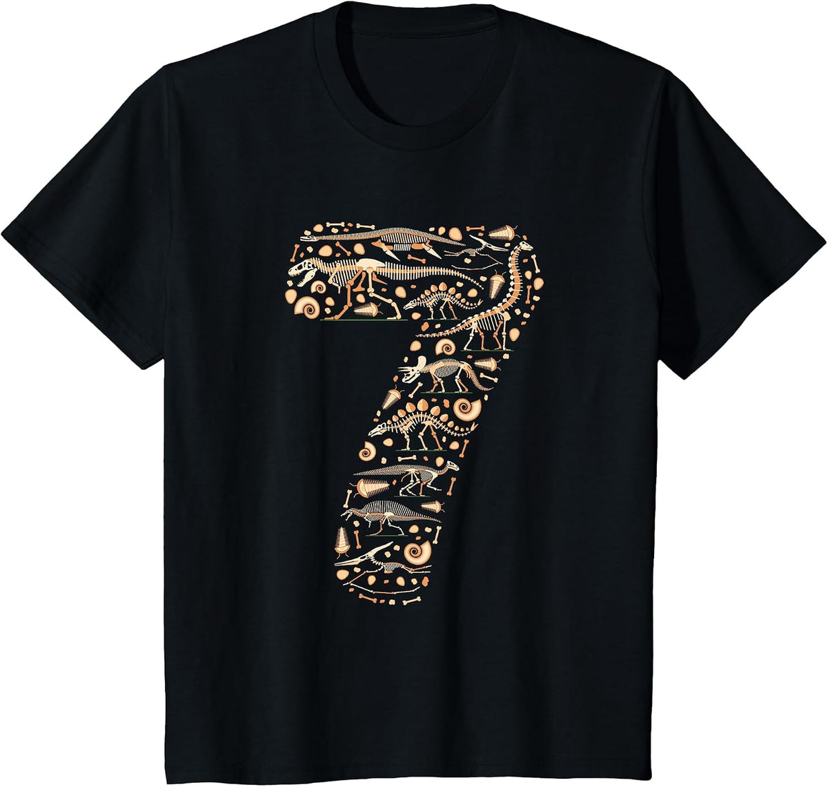 Dinosaur 7th Birthday Boy Girl 7 Year Old Paleontologist T-Shirt - Black