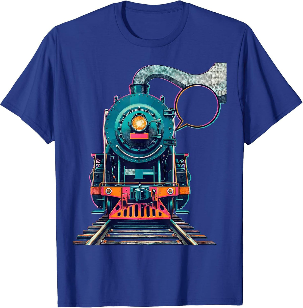 Men's Locomotive Face Risograph Train Enthusiast Humor T-Shirt - Royal Blue