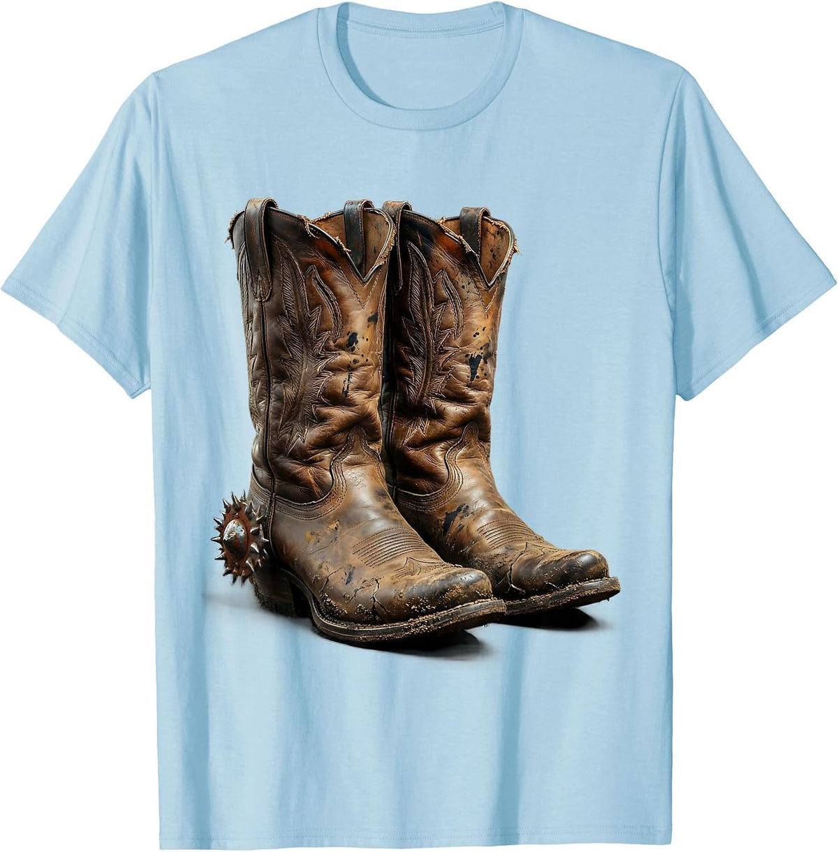 Men's Worn Cowboy Boots With Spurs 90s Country Graphic T-Shirt - Baby Blue