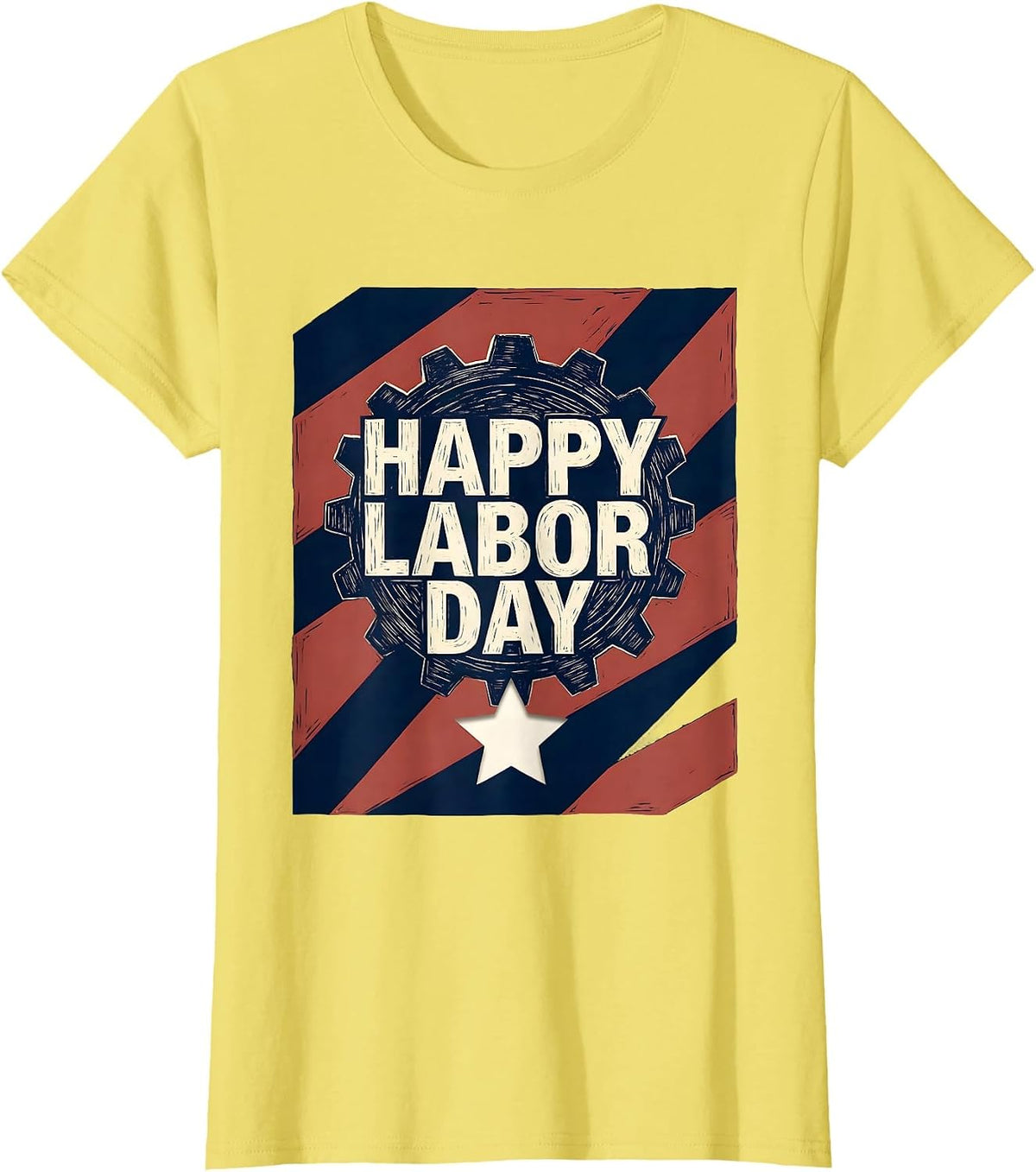 Women's Happy Labor Day Patriotic Union Pride Graphic Linocut T-Shirt - Lemon Yellow