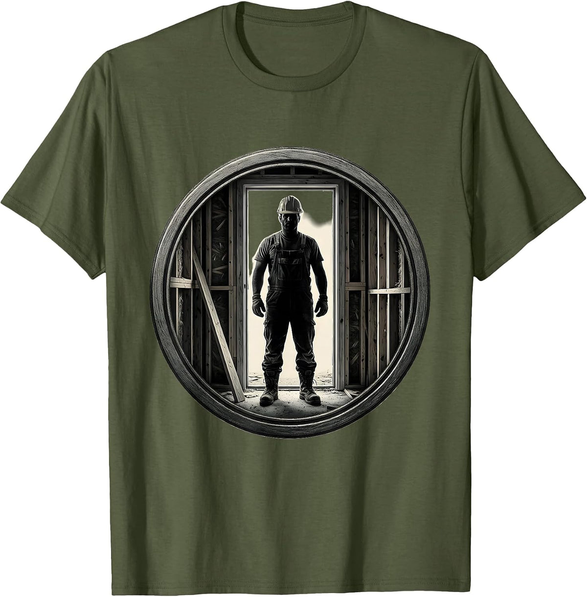 Construction Worker Unfinished Doorway Illustration T-Shirt - Olive Green
