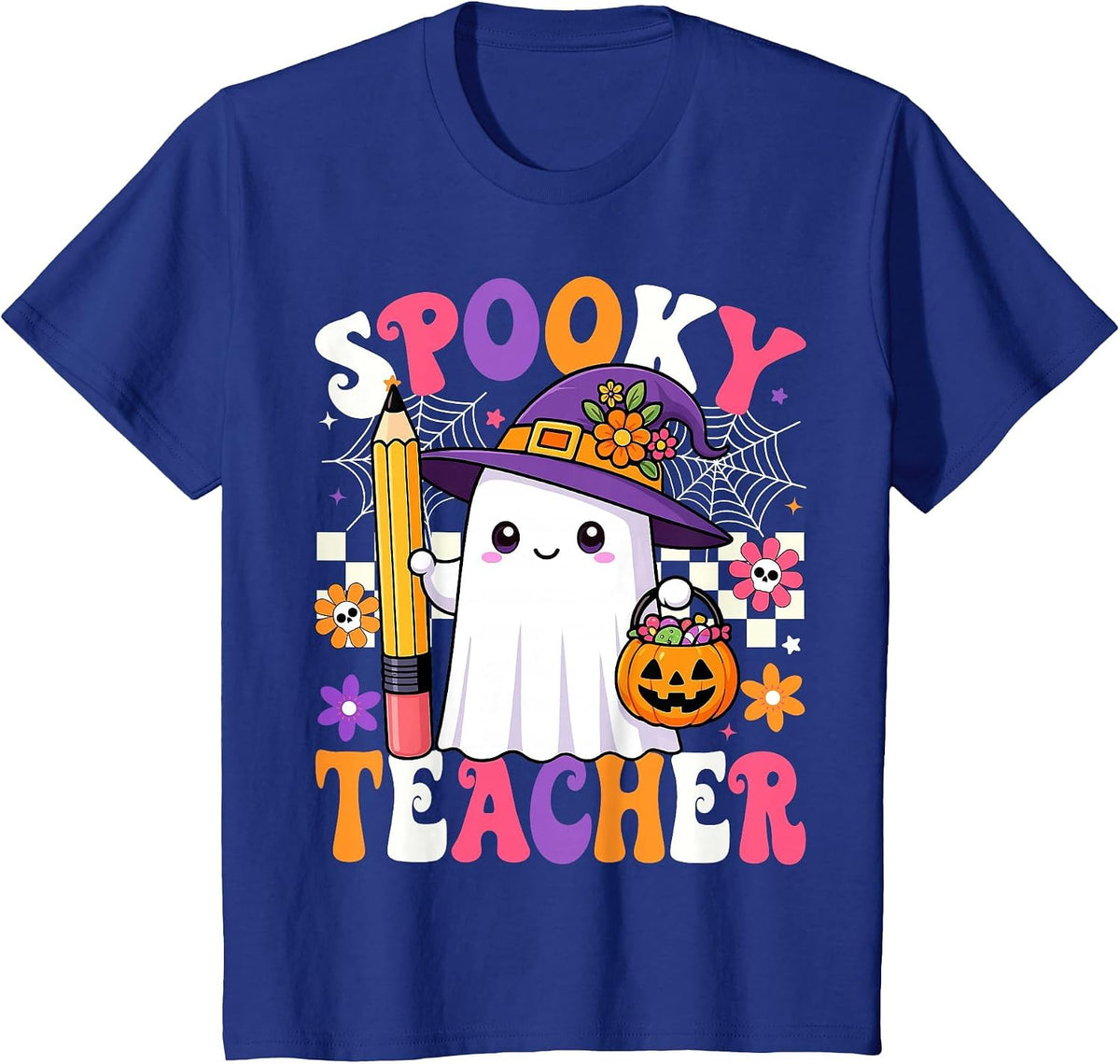 Spooky Teacher Ghost Pencil Teach Funny Halloween Teacher T-Shirt - Royal Blue