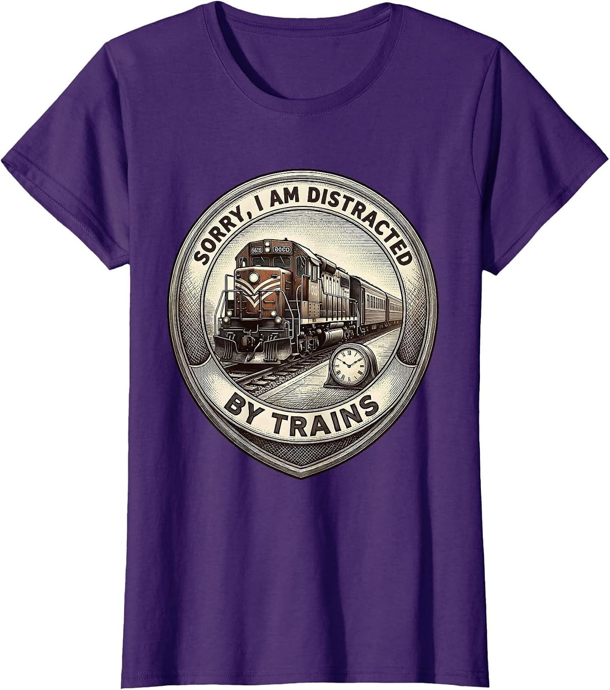 Women's Sorry, I Am Distracted By Trains Vintage Train Enthusiast T-Shirt - Purple