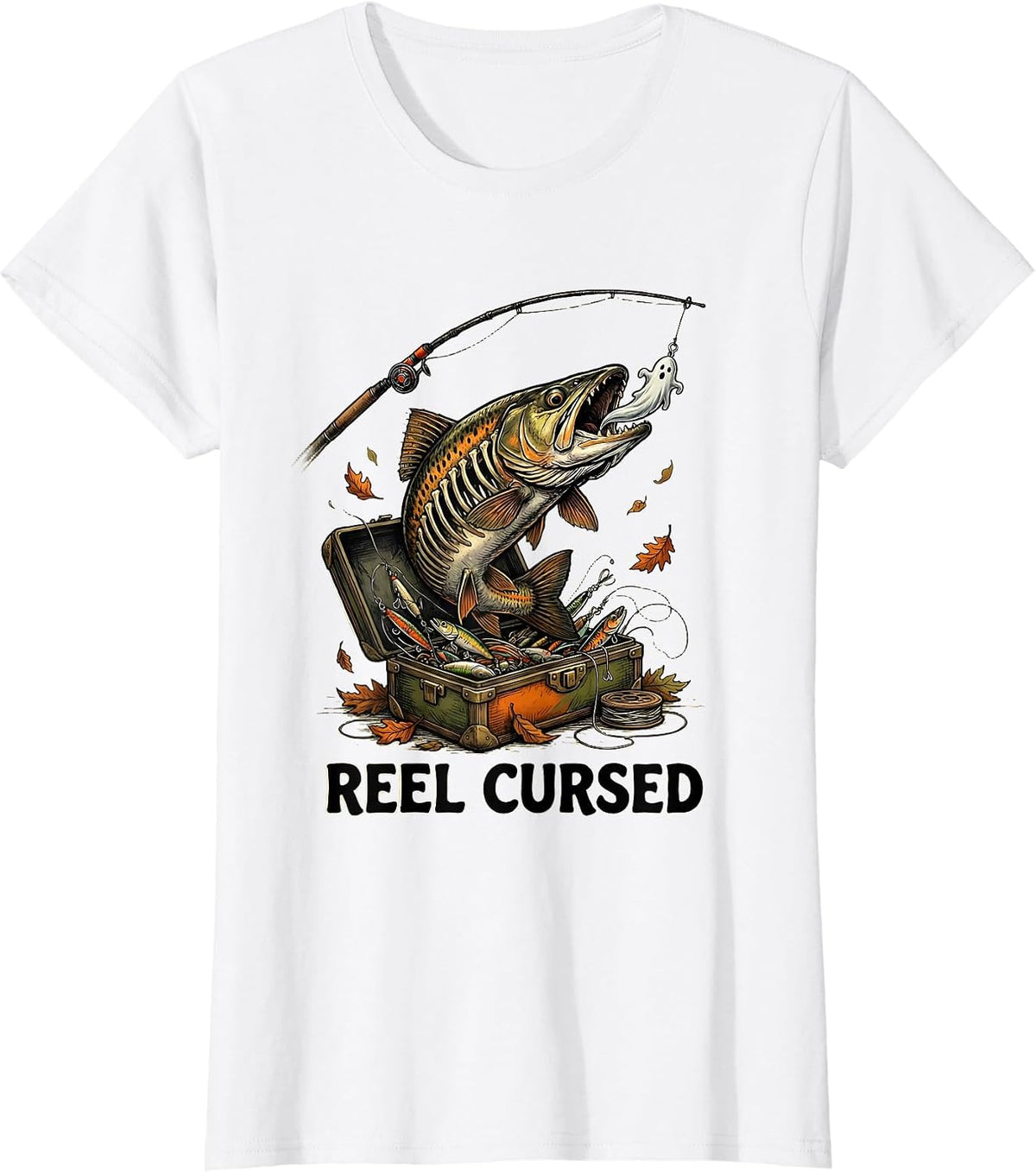 Reel Cursed Playful Spooky Skeleton Halloween Fishing Gift T-Shirt - White