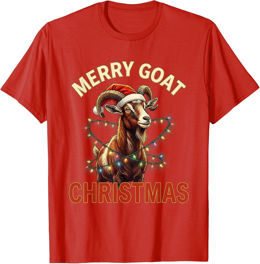 Men's Merry Goat Christmas Funny Goat Lover Animal Lights Holiday T-Shirt - Red