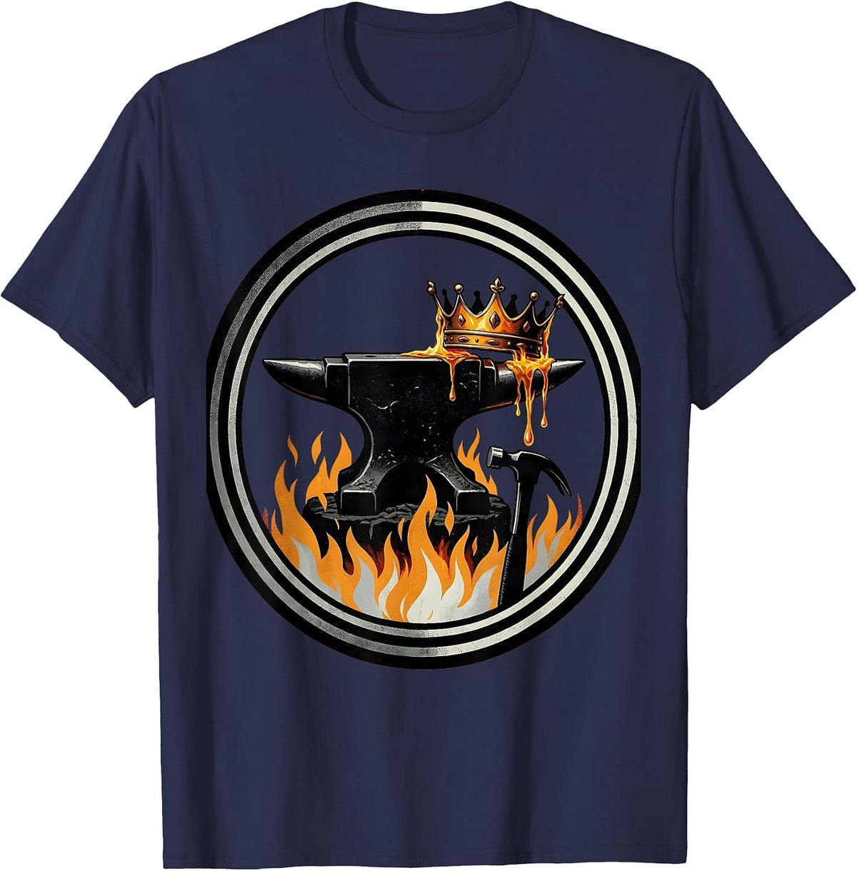 Blacksmith Melting Crown Into Hammer Graphic T-Shirt - Navy Blue