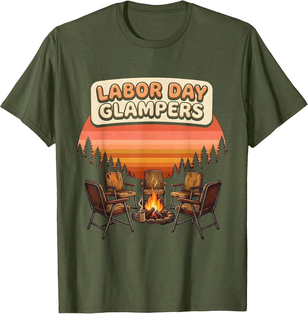 Labor Day Glampers Retro 70s Family Camping Crew Matching T-Shirt - Olive Green