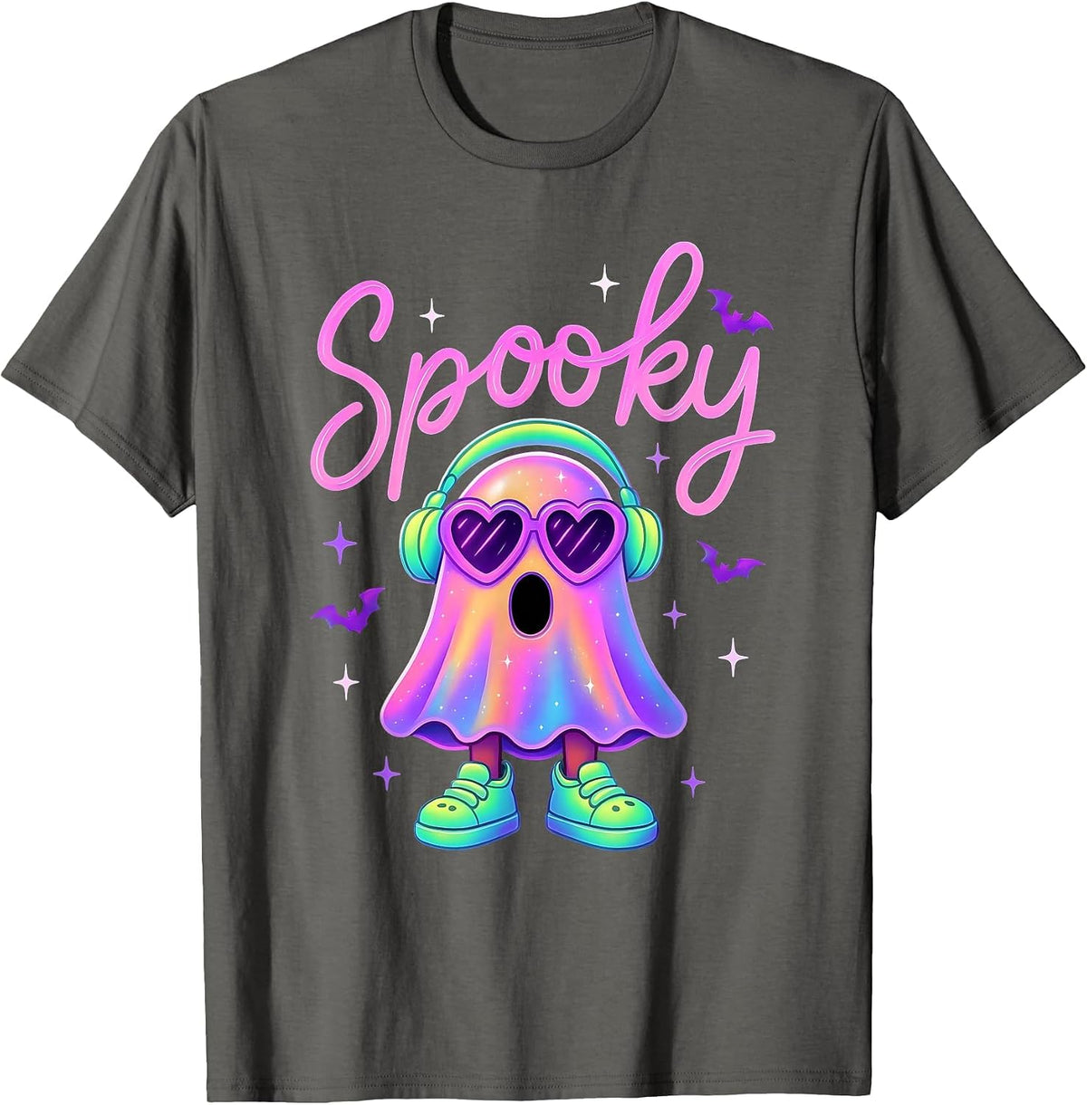 Cute Neon-Style Ghost Halloween Funny Spooky Season T-Shirt - Asphalt Grey