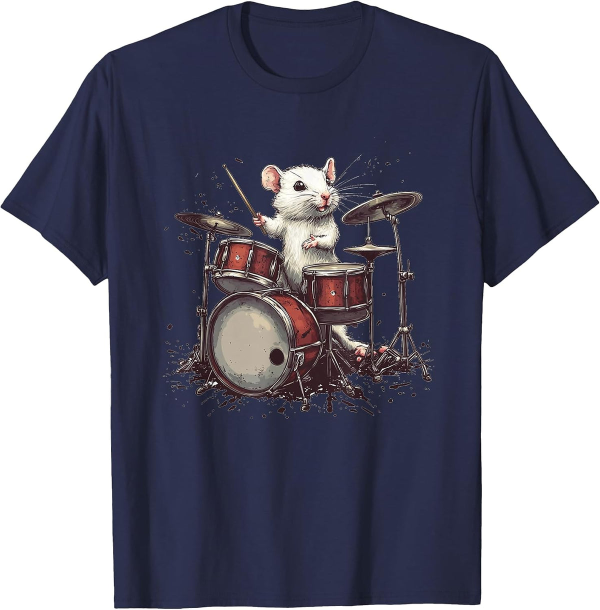 Rock the Stage with This White Rat and Drums T-Shirt - Navy Blue
