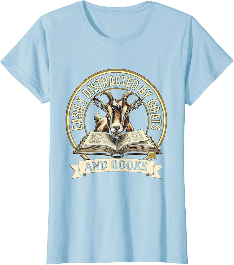 Women's Easily Distracted By Goats And Books Funny Book Lover Pet T-Shirt - Baby Blue