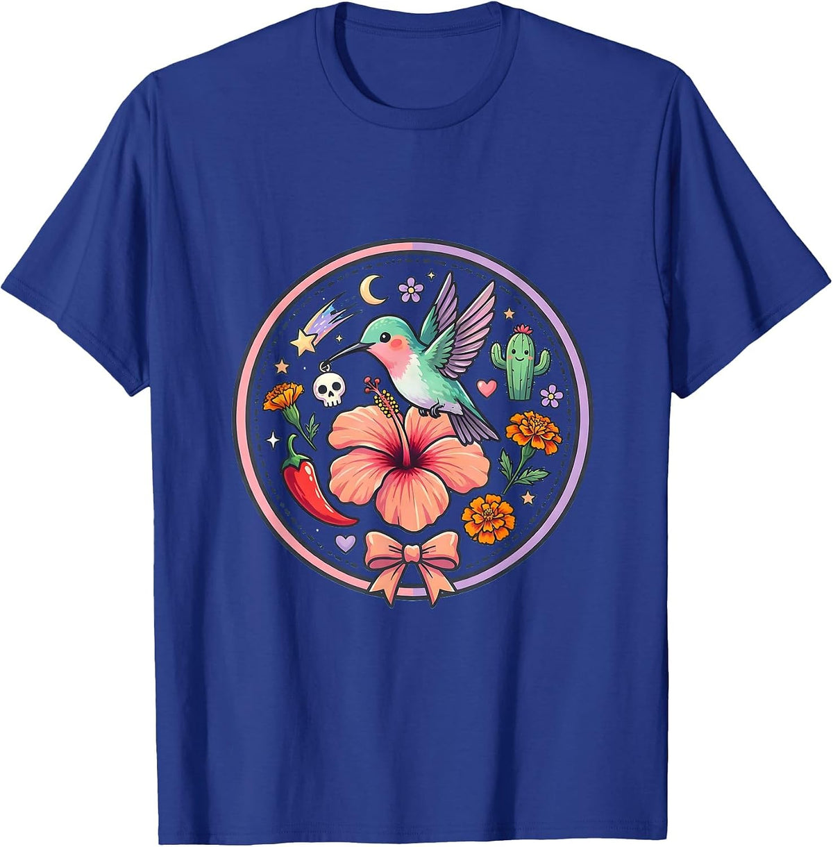 Mexican Hummingbird Hibiscus Floral Graphic Design T-Shirt - Royal Blue