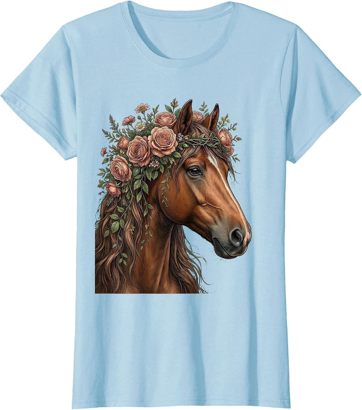 Floral Crown Horse Profile Graphic Tee T-Shirt - Baby Blue