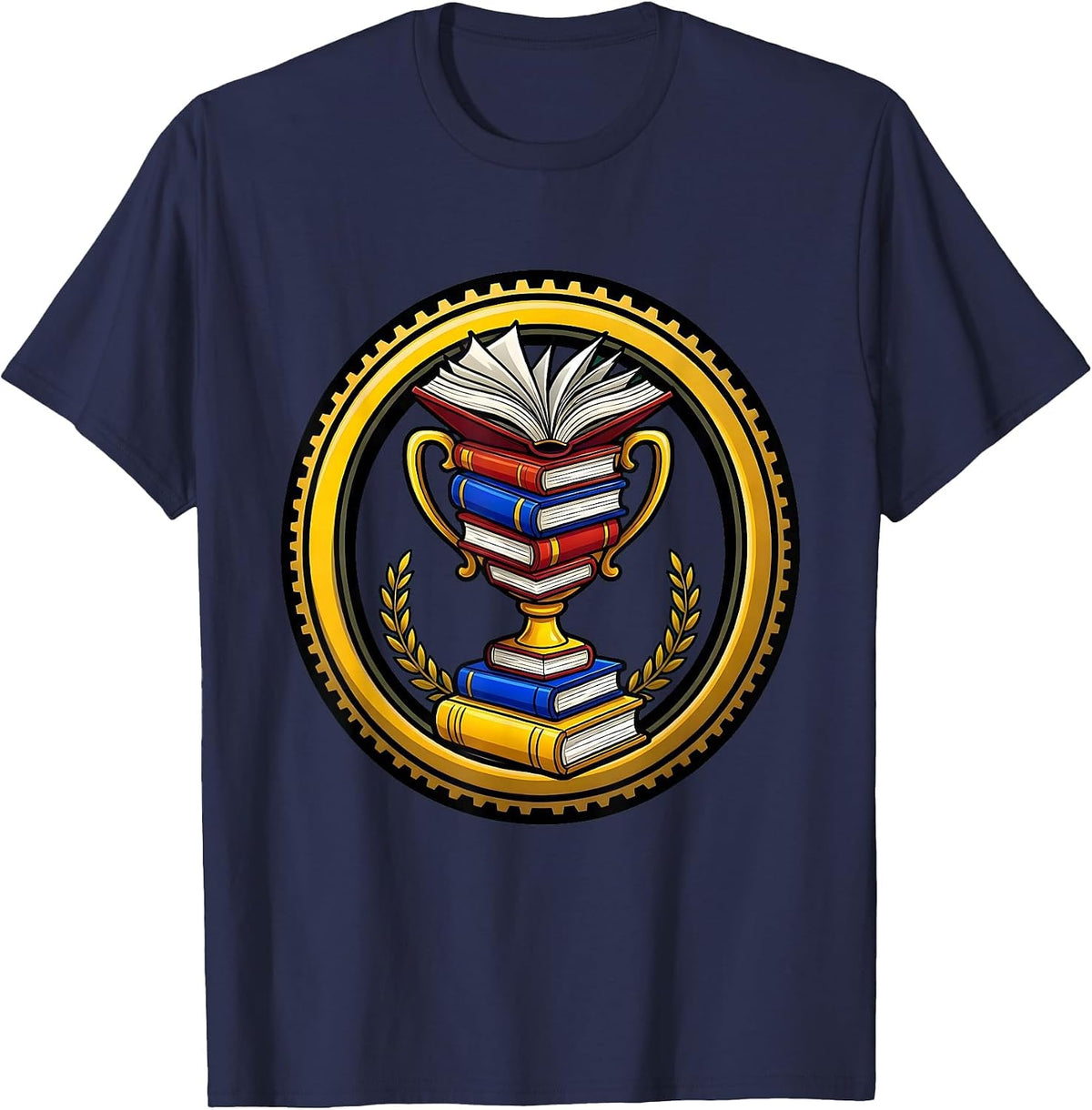 Men's Books Trophy Reading Champion Graphic Design T-Shirt - Navy Blue