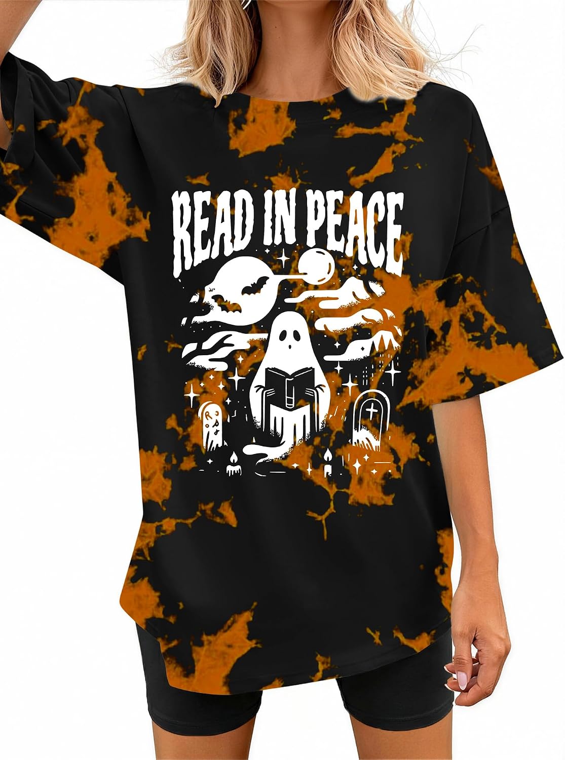 Halloween Shirts for Women Tis the Season Ghost Pumpkin Bat Graphic Tee - Black-03