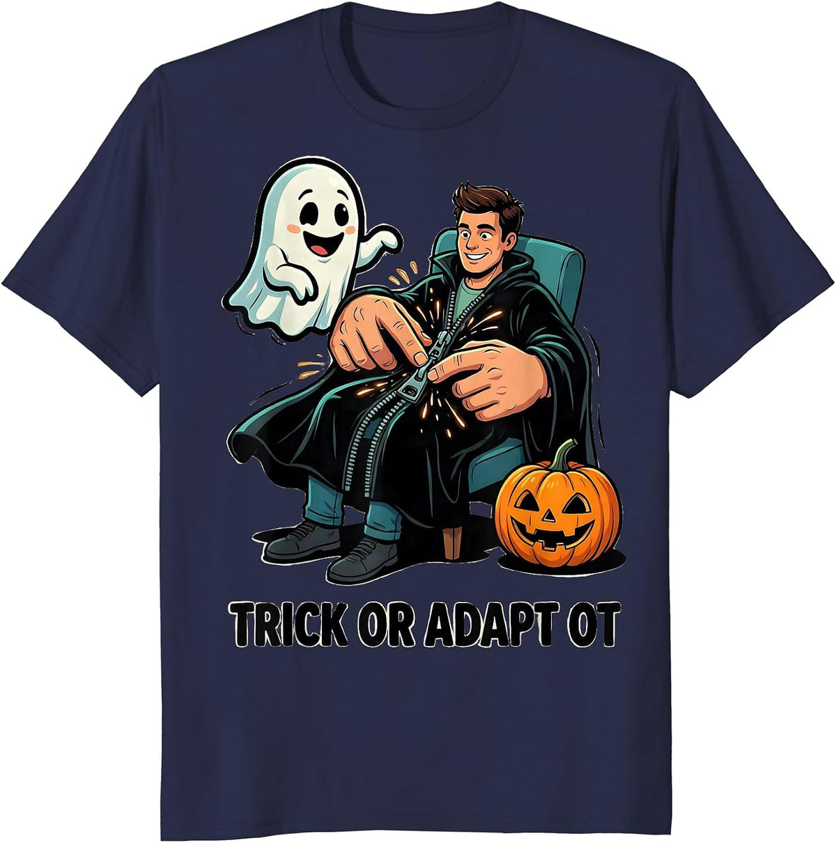 Trick Or Adapt OT Cartoon Ghost Physical Therapy Halloween T-Shirt - Navy Blue