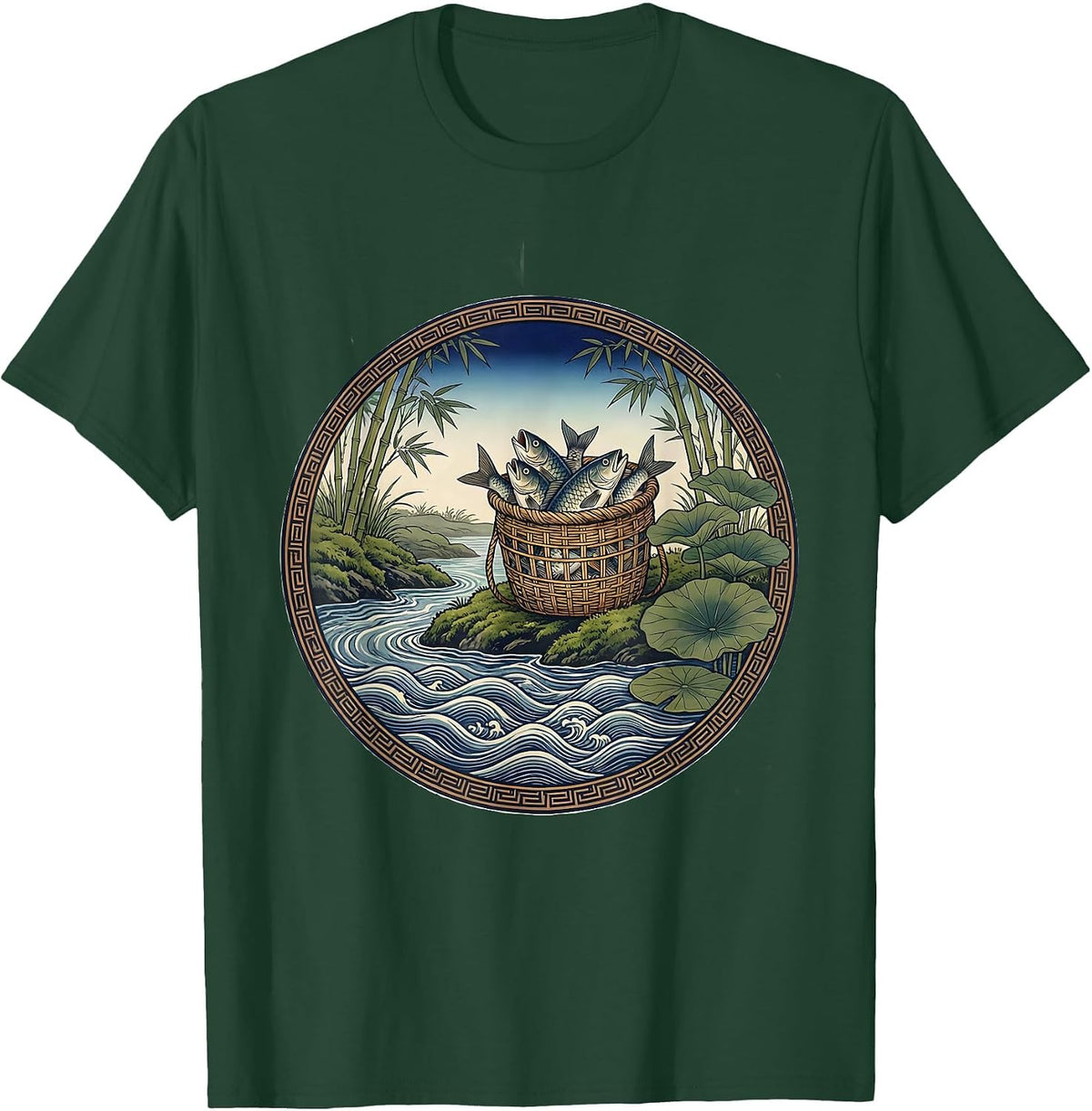 Men's Full Creel Basket on Mossy Bank Fishing Design T-Shirt - Dark Green