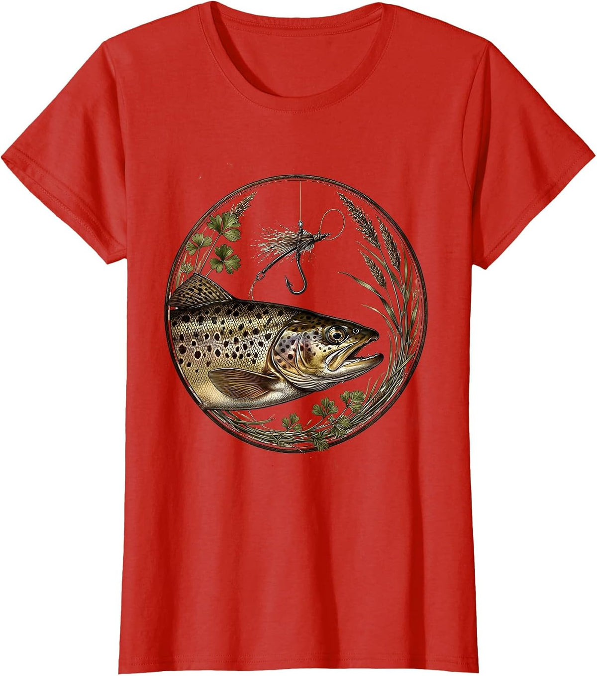Fish Around and Find Trout Fishing Hook Illustration T-Shirt - Red