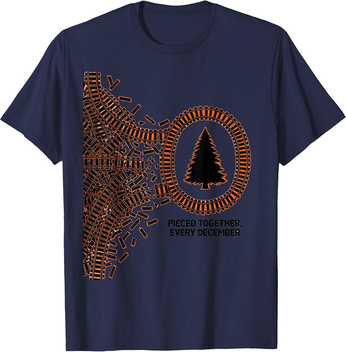 Men's Pieced Together Every December Vintage Train Hobbyist T-Shirt - Navy Blue