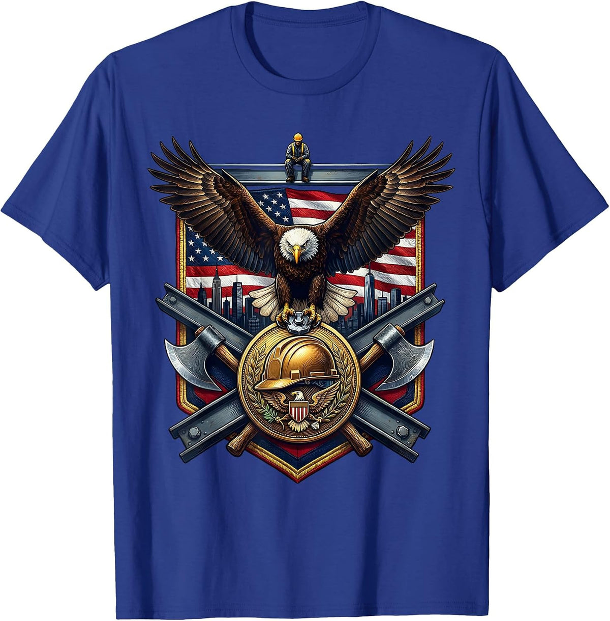 Construction Worker Steel Beam Skyline Graphic T-Shirt - Royal Blue