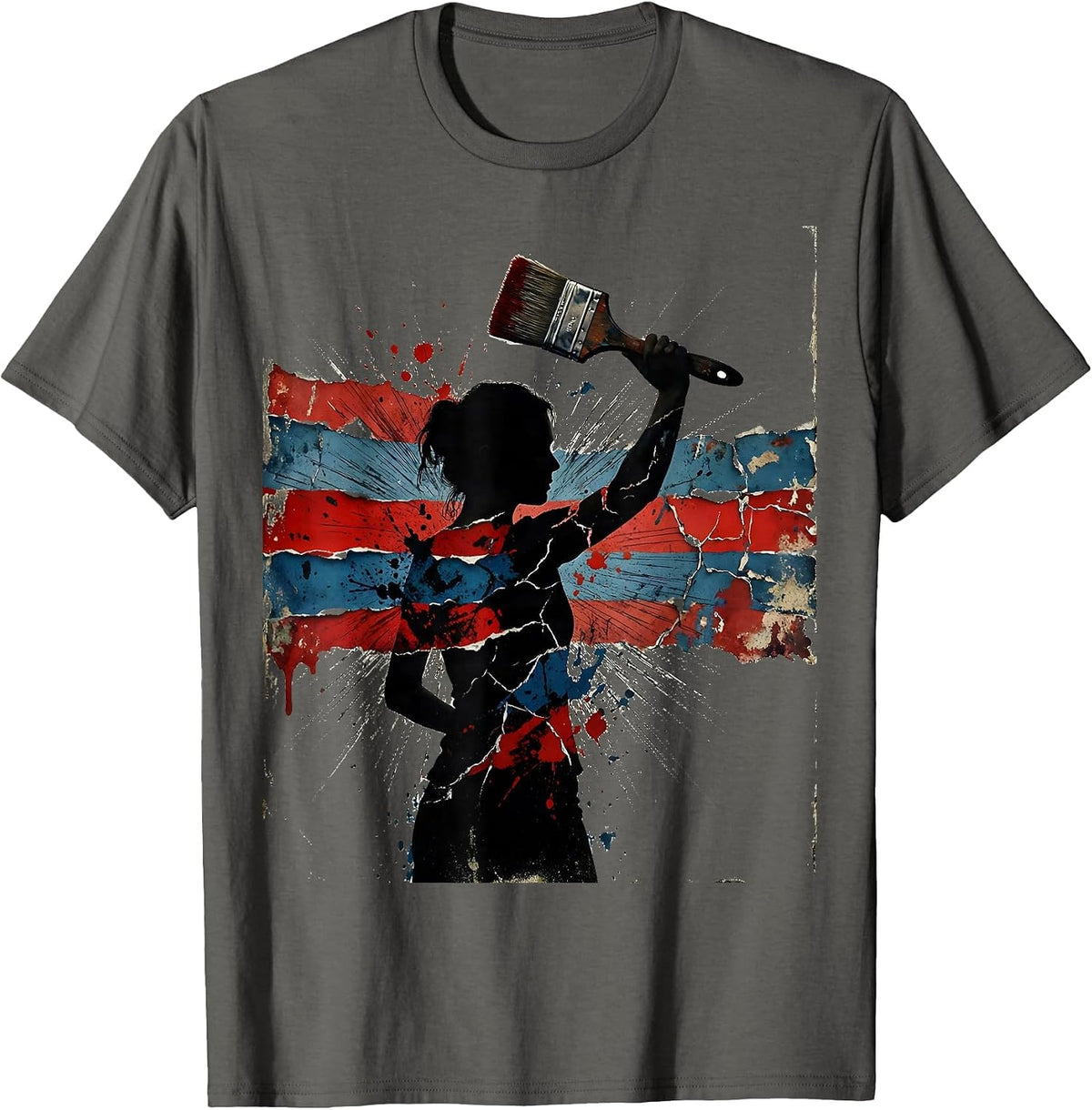 Patriotic Artist Painting Red White Blue Canvas T-Shirt - Asphalt Grey