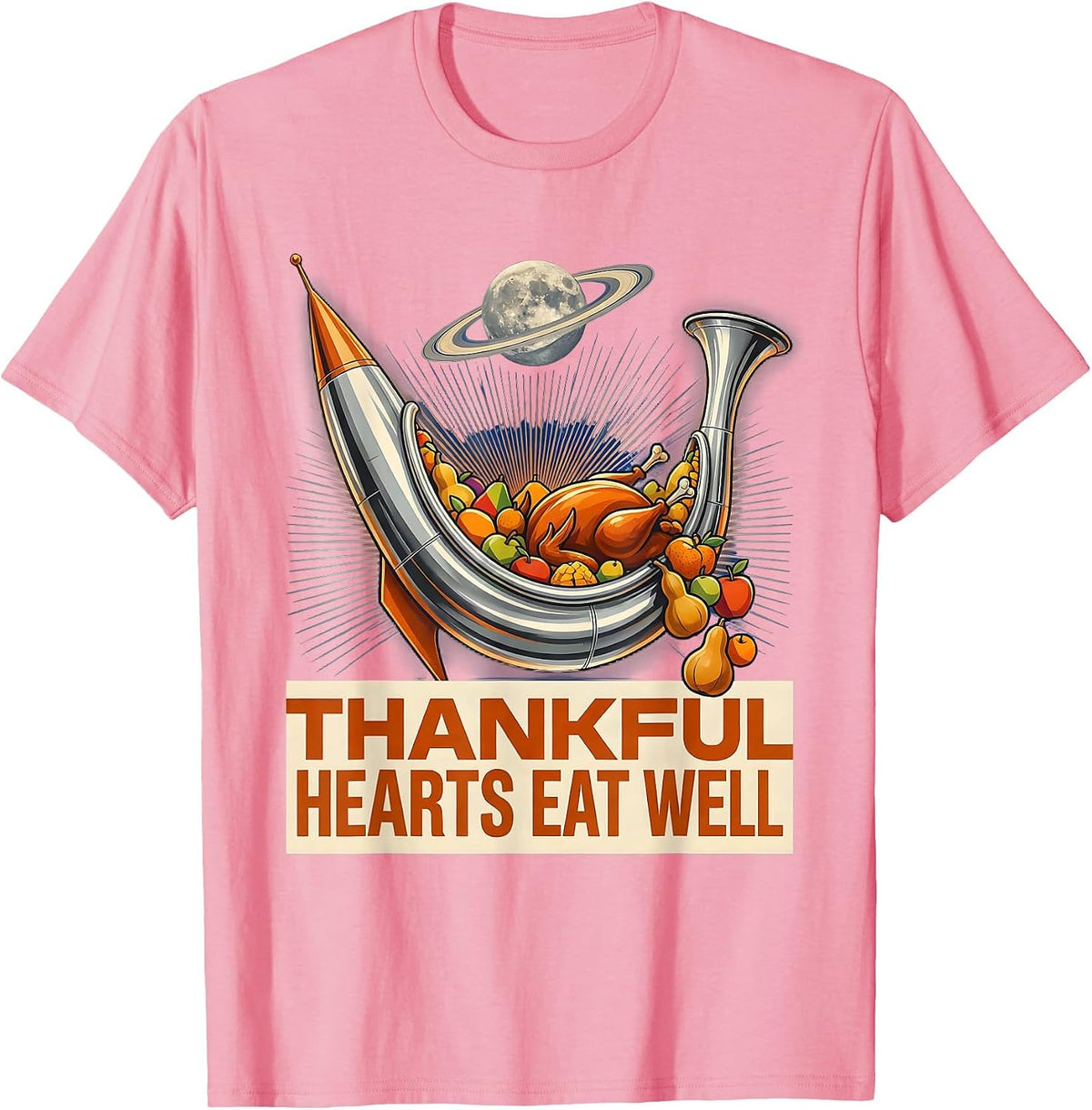 Men's Thankful Hearts Eat Well Thanksgiving Design T-Shirt - Pink
