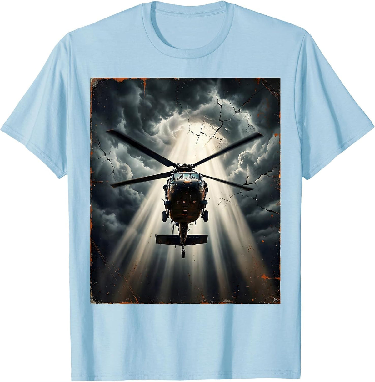 Men's Helicopter Spotlight Through Dark Stormy Clouds T-Shirt - Baby Blue