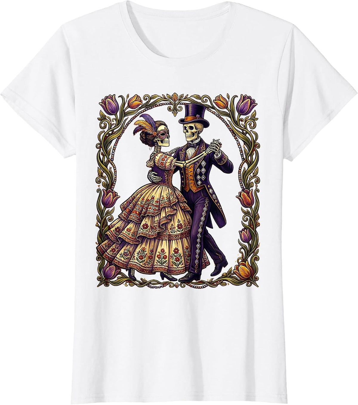 Mardi Gras Dancing Skeletons Ballroom Costume T-Shirt - White