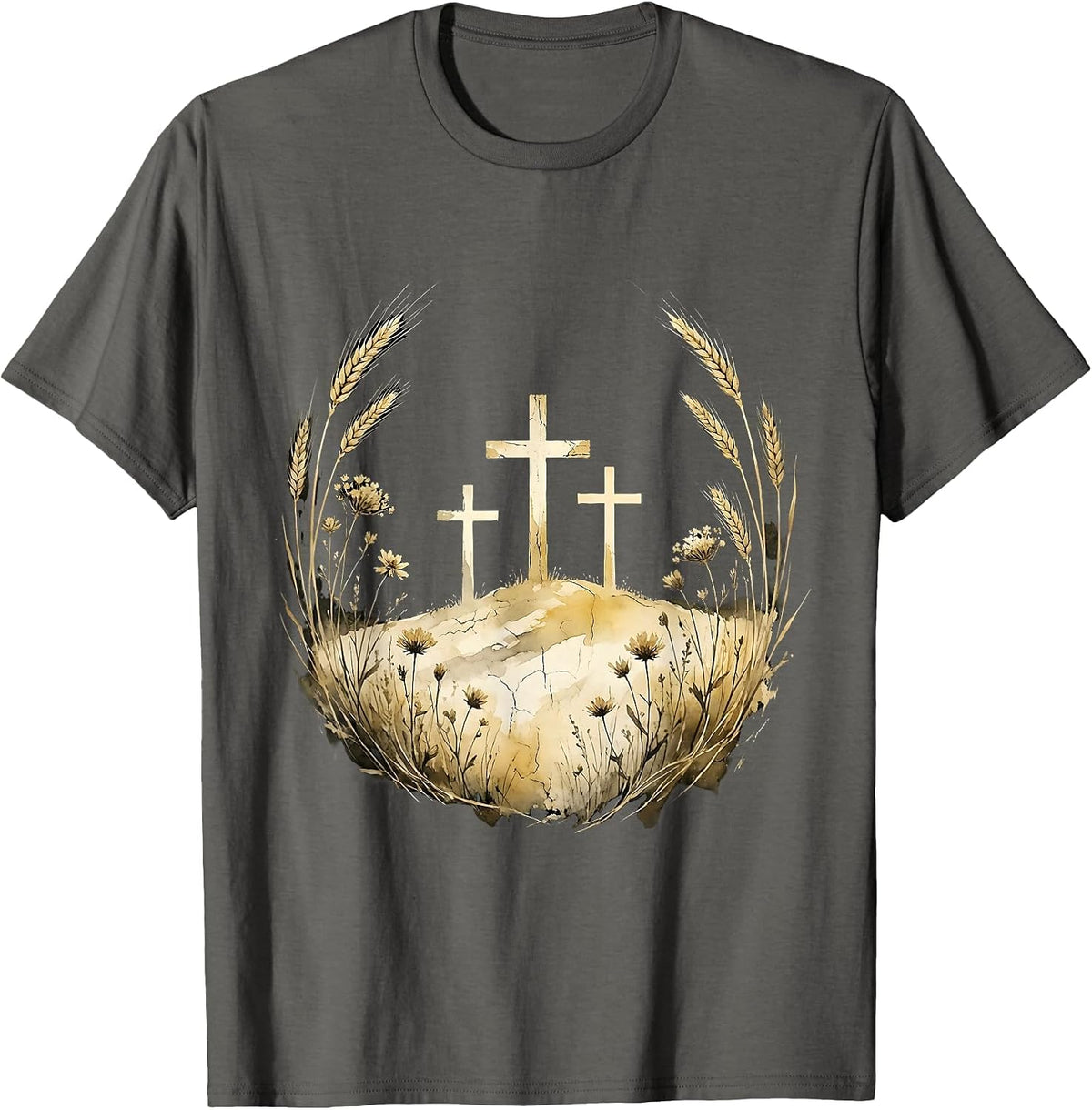 Three Crosses Hilltop Silhouette Christian Design T-Shirt - Asphalt Grey