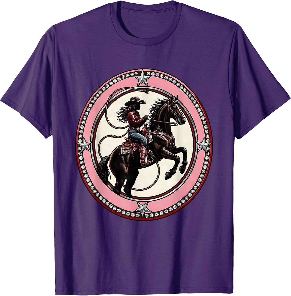 Men's Howdy Cowgirl Rearing Horse Western Riding Art T-Shirt - Purple