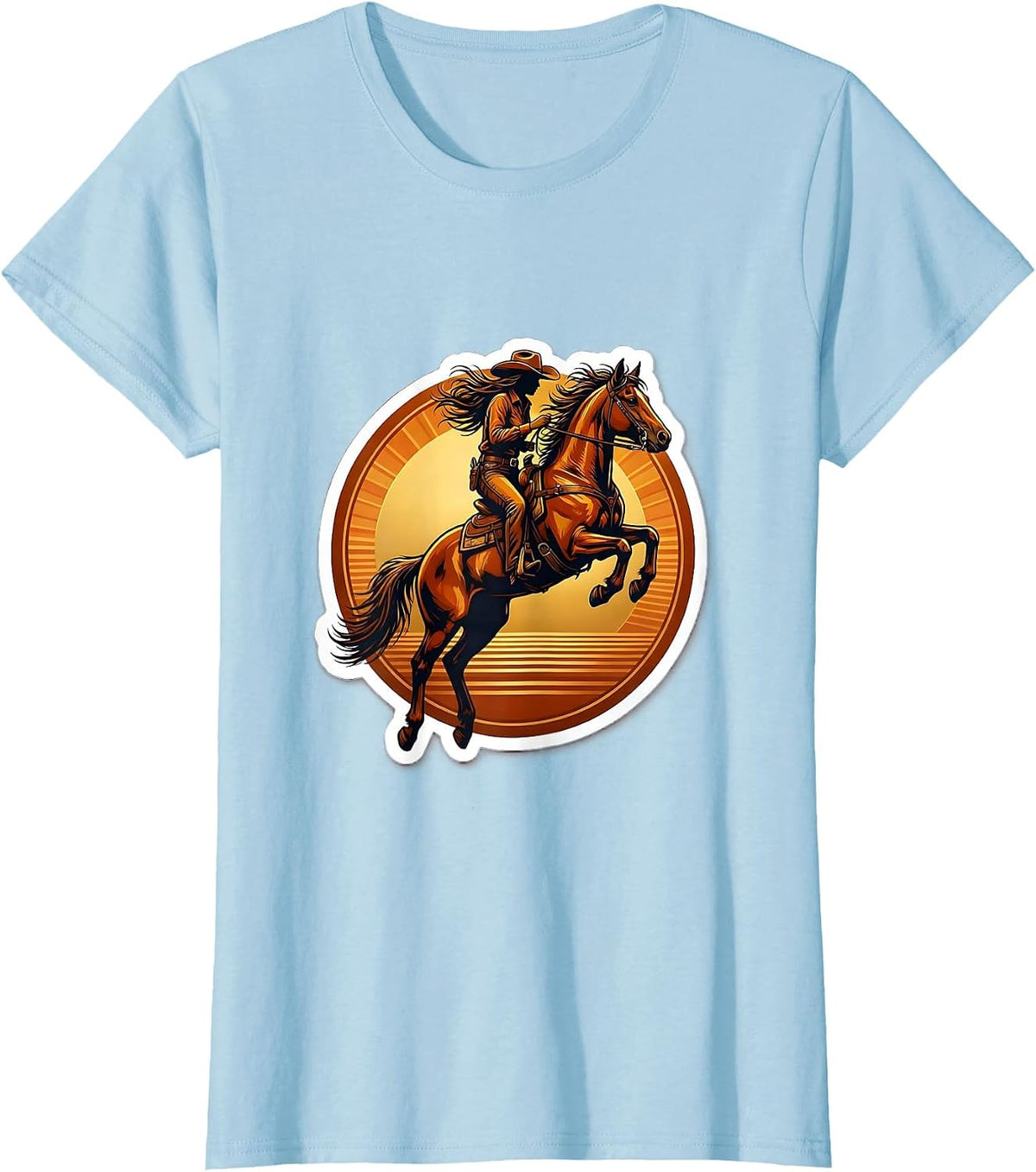 Cowboy Rider and Horse Mid-Jump Sunset Design T-Shirt - Baby Blue