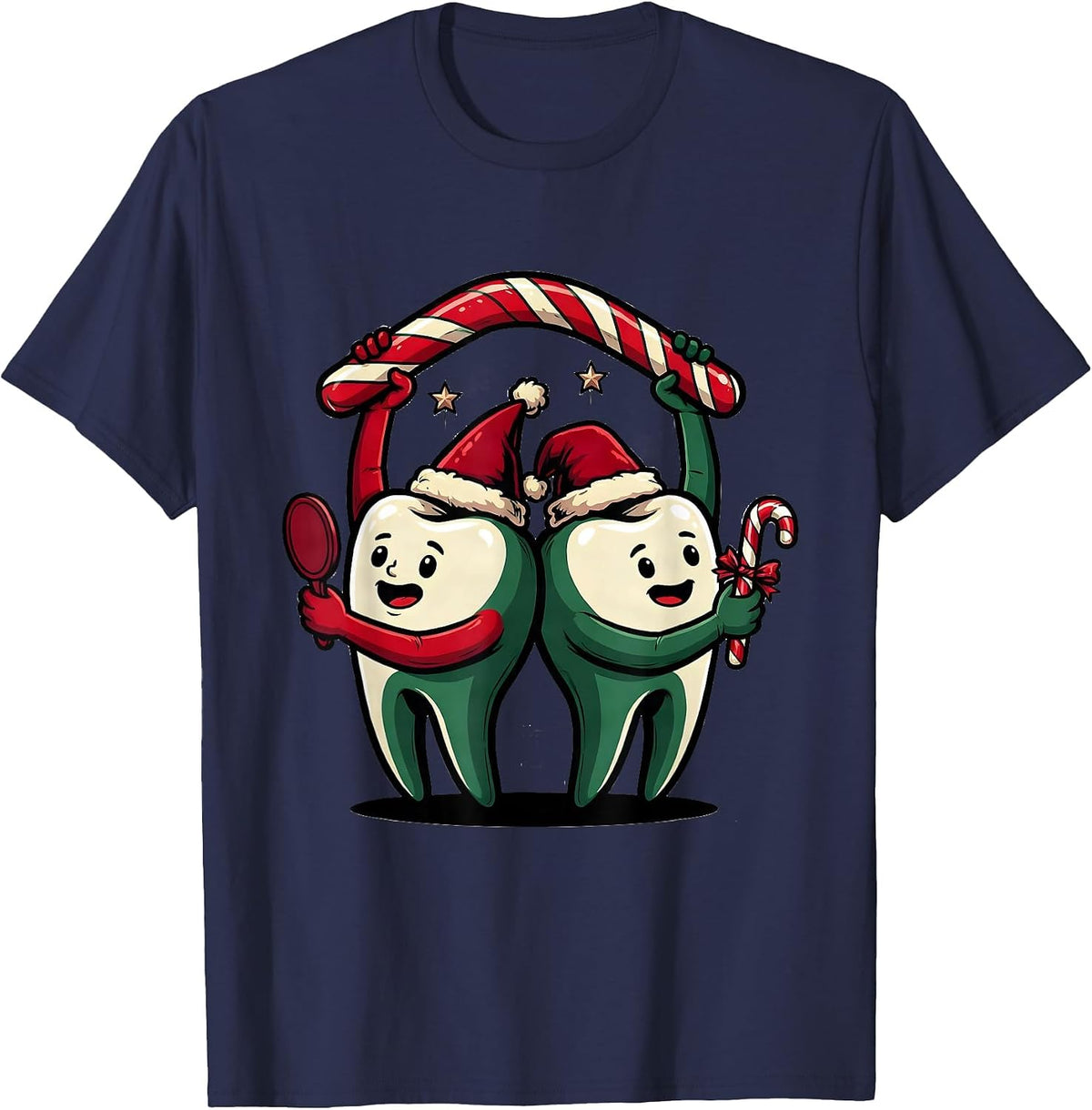 Rounded Teeth Candy-Cane Dental Humor Christmas Crew T-Shirt - Navy Blue