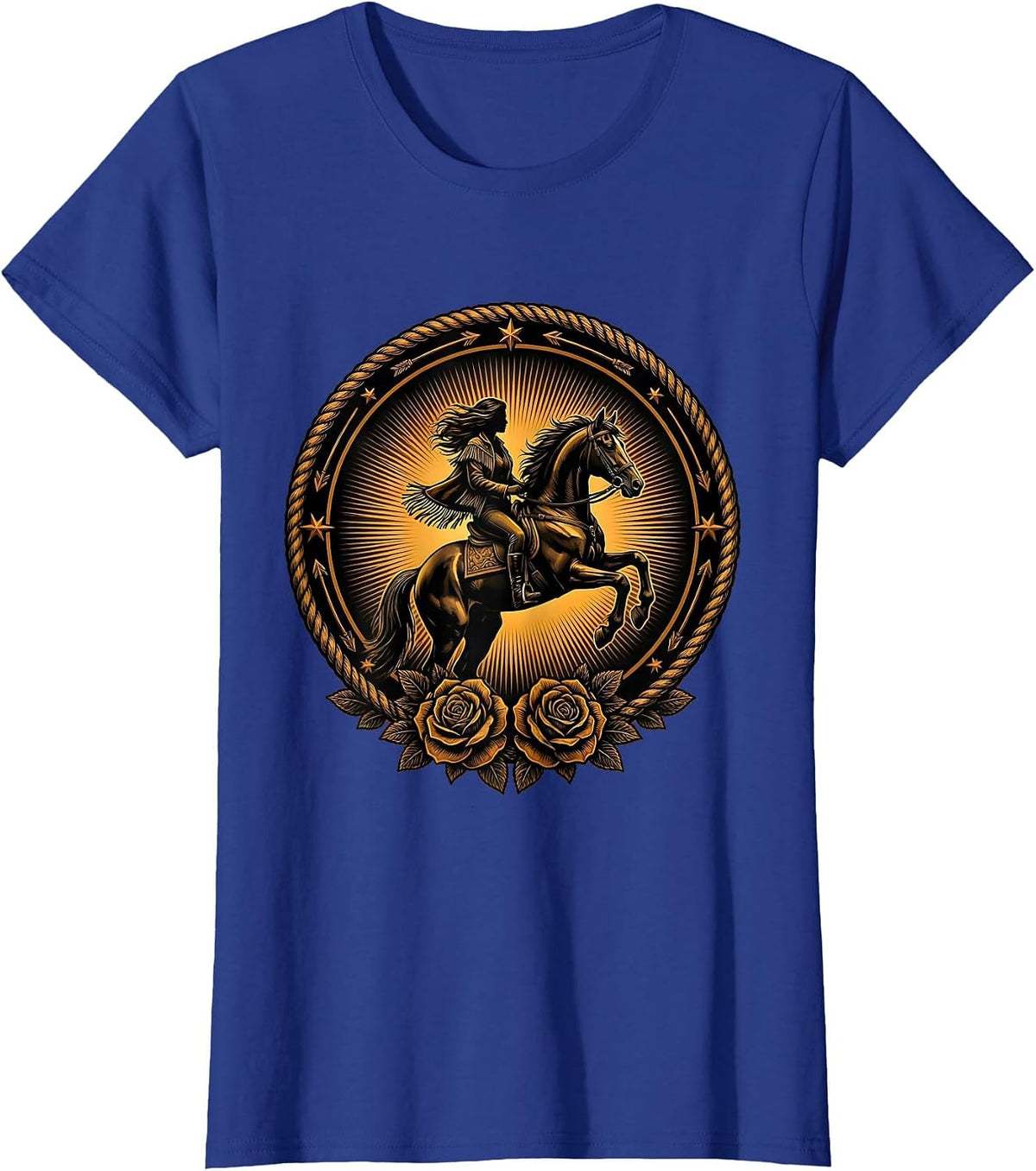 Women's Horseback Rider Sunset Silhouette Western Design T-Shirt - Royal Blue