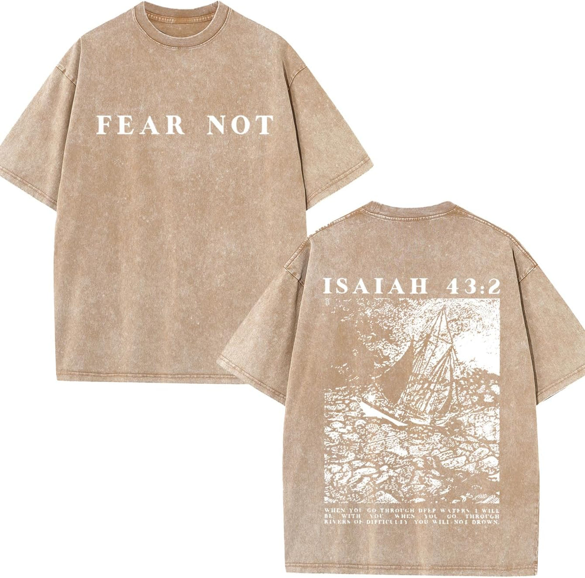 Vintage Christian T-Shirt, Isaiah 43:2 Fear Not Bible Verse Tee, Heavyweight Oversized Washed Streetwear - Khaki