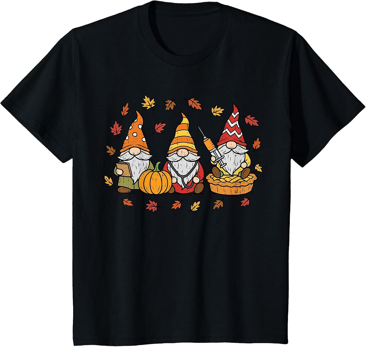Funny Nurse Gnomes Thanksgiving Fall Scrub Top RN ICU ER T-Shirt - Black