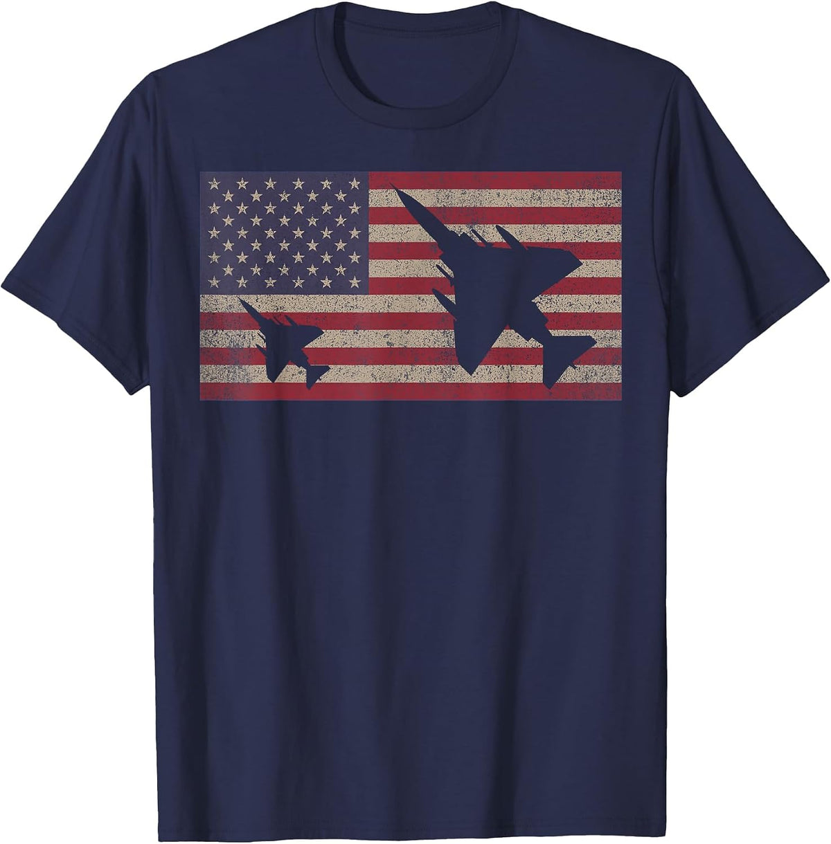 F-4 Phantom II Jet Fighter Plane USA Patriotic Flag T-Shirt - Navy Blue