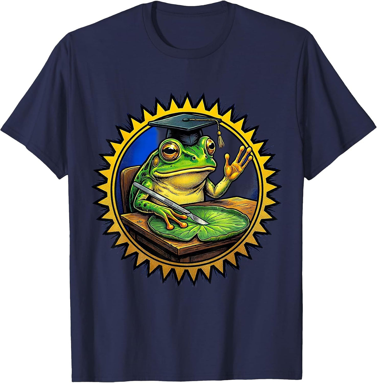 Frog Science Teacher Mortarboard Lily Pad Design T-Shirt - Navy Blue