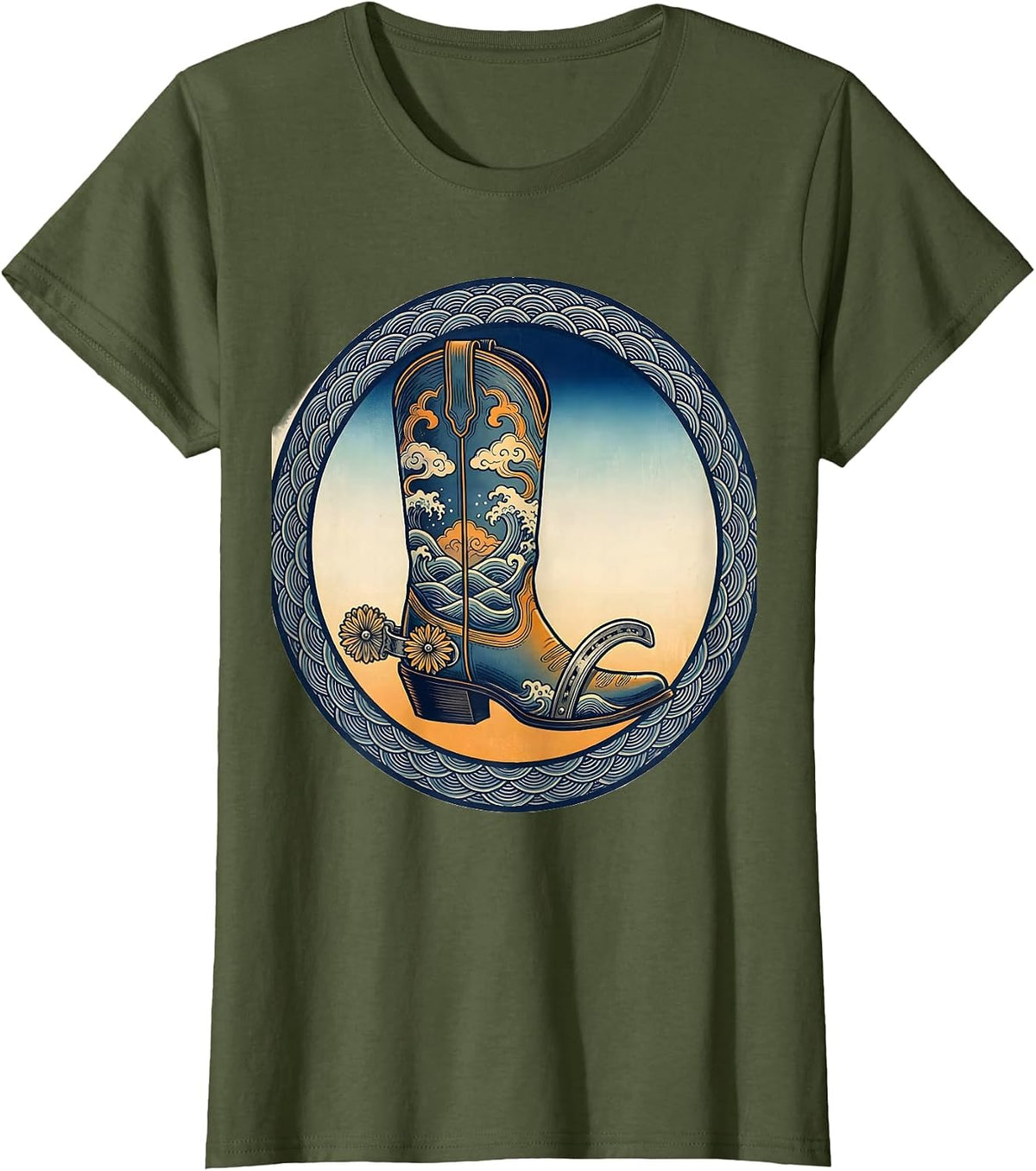 Women's Cowboy Boot Horseshoe and Spurs Western Graphic T-Shirt - Olive Green
