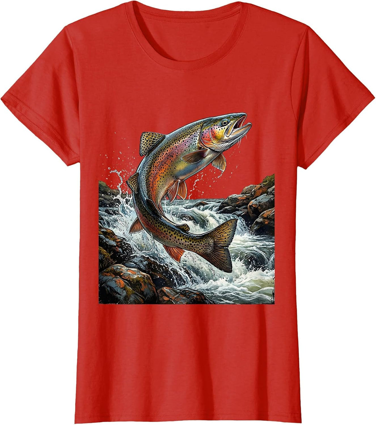 Trout Upstream Rapids Fishing Graphic Design T-Shirt - Red