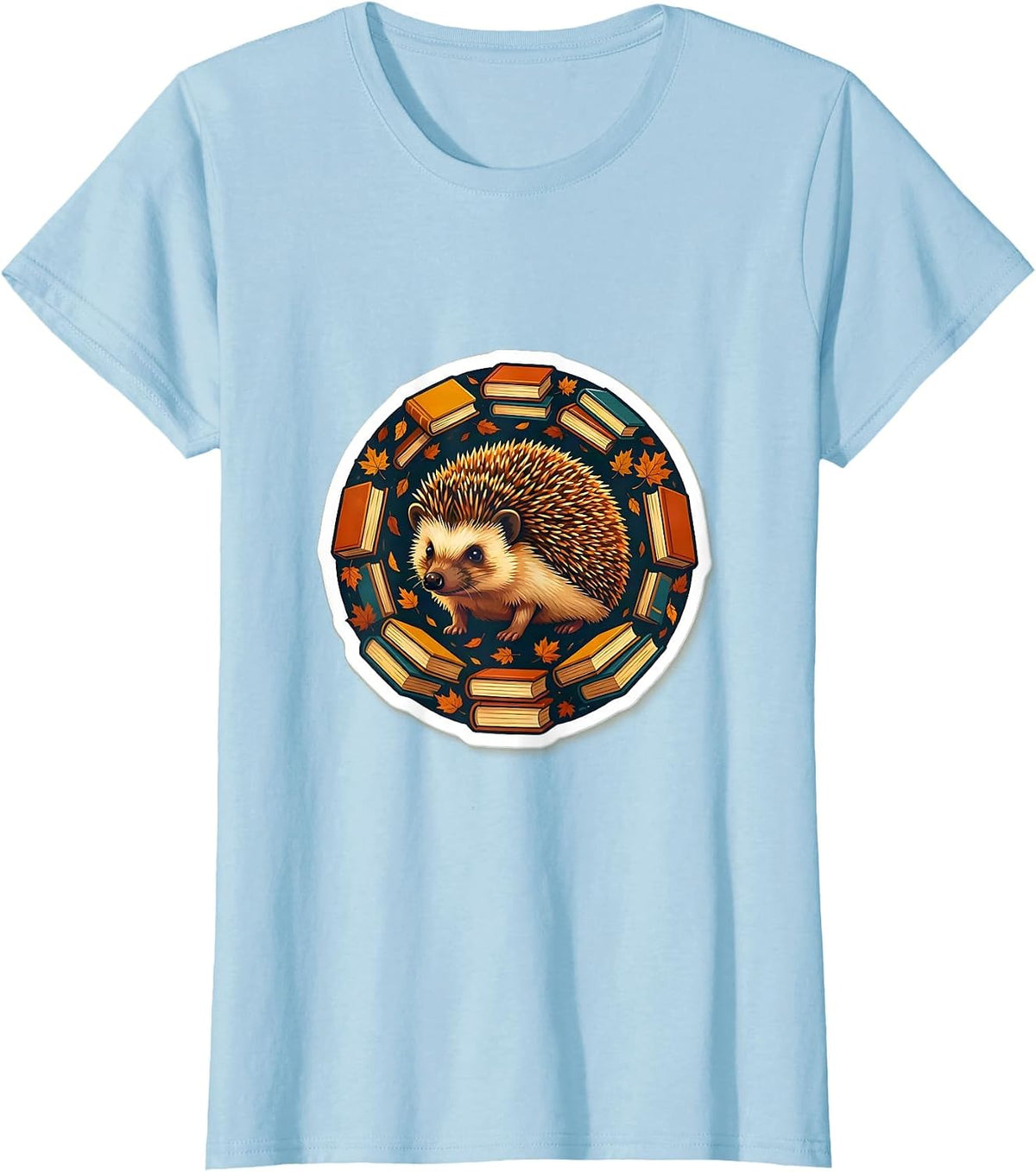 Women's Fall Teacher Hedgehog with Stacked Books Design T-Shirt - Baby Blue