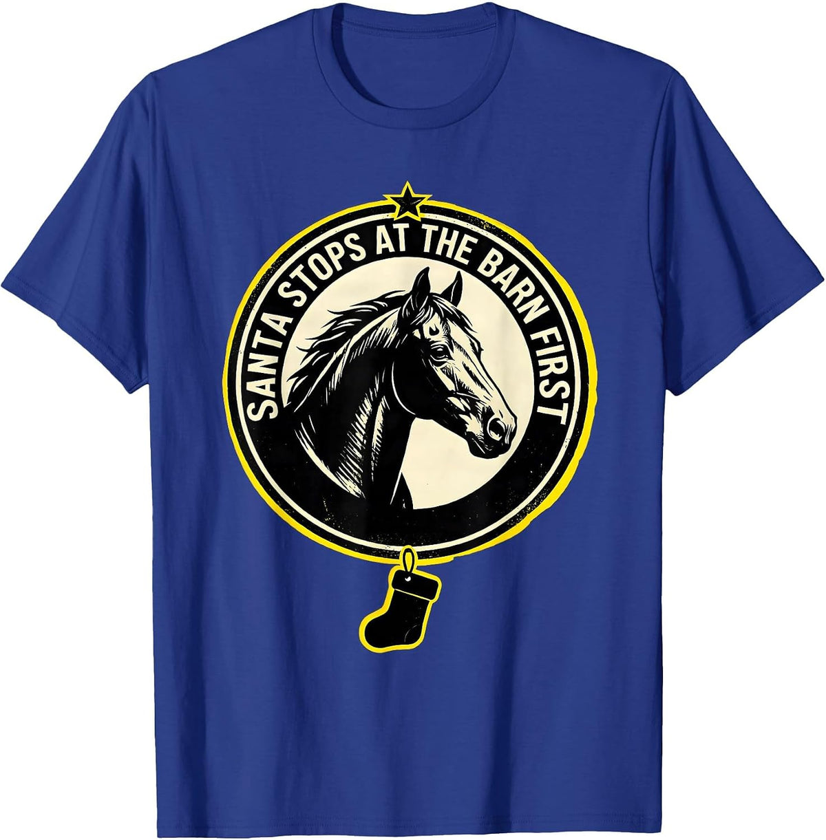 Santa Stops At The Barn First Funny Horse Lover Christmas T-Shirt - Royal Blue
