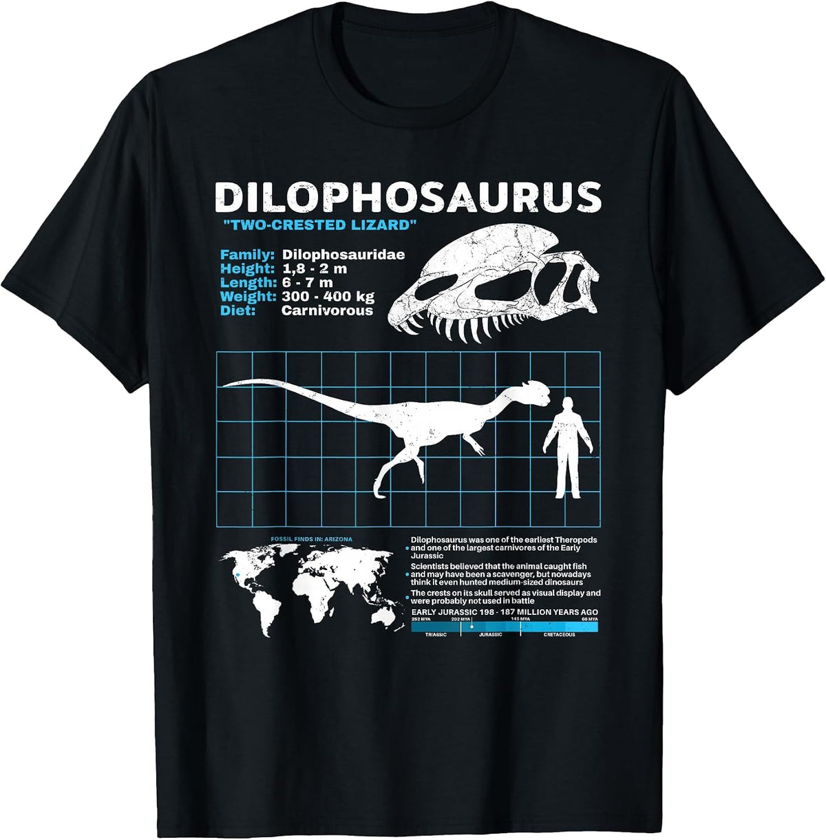 Dilophosaurus fact Sheet Dinosaur Facts T-Shirt - Black