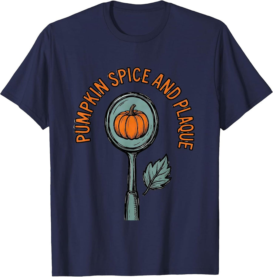 Pumpkin Spice And Plaque Funny Dental Hygienist Halloween T-Shirt - Navy Blue