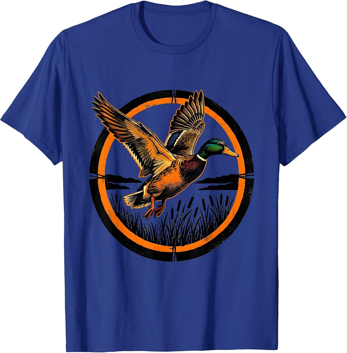 Men's Camo Duck Flying Over Marsh Reeds Illustration T-Shirt - Royal Blue