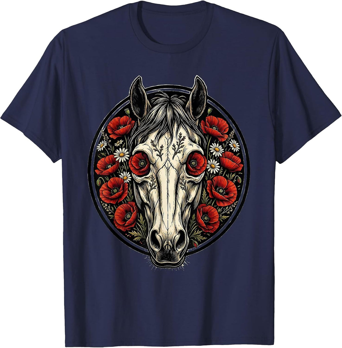 Horse Skull Wildflowers Boho Nature Art Design T-Shirt - Navy Blue