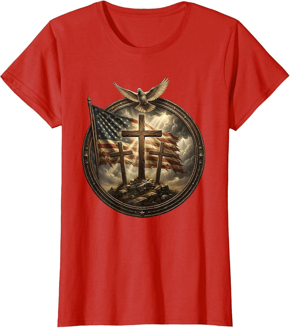 Three Crosses on Hilltop Under Stormy Sky T-Shirt - Red