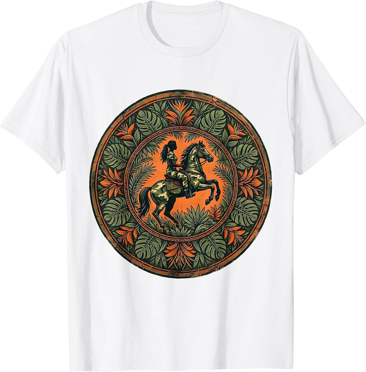 Men's Camo Woman Riding Horse Through Jungle T-Shirt - White