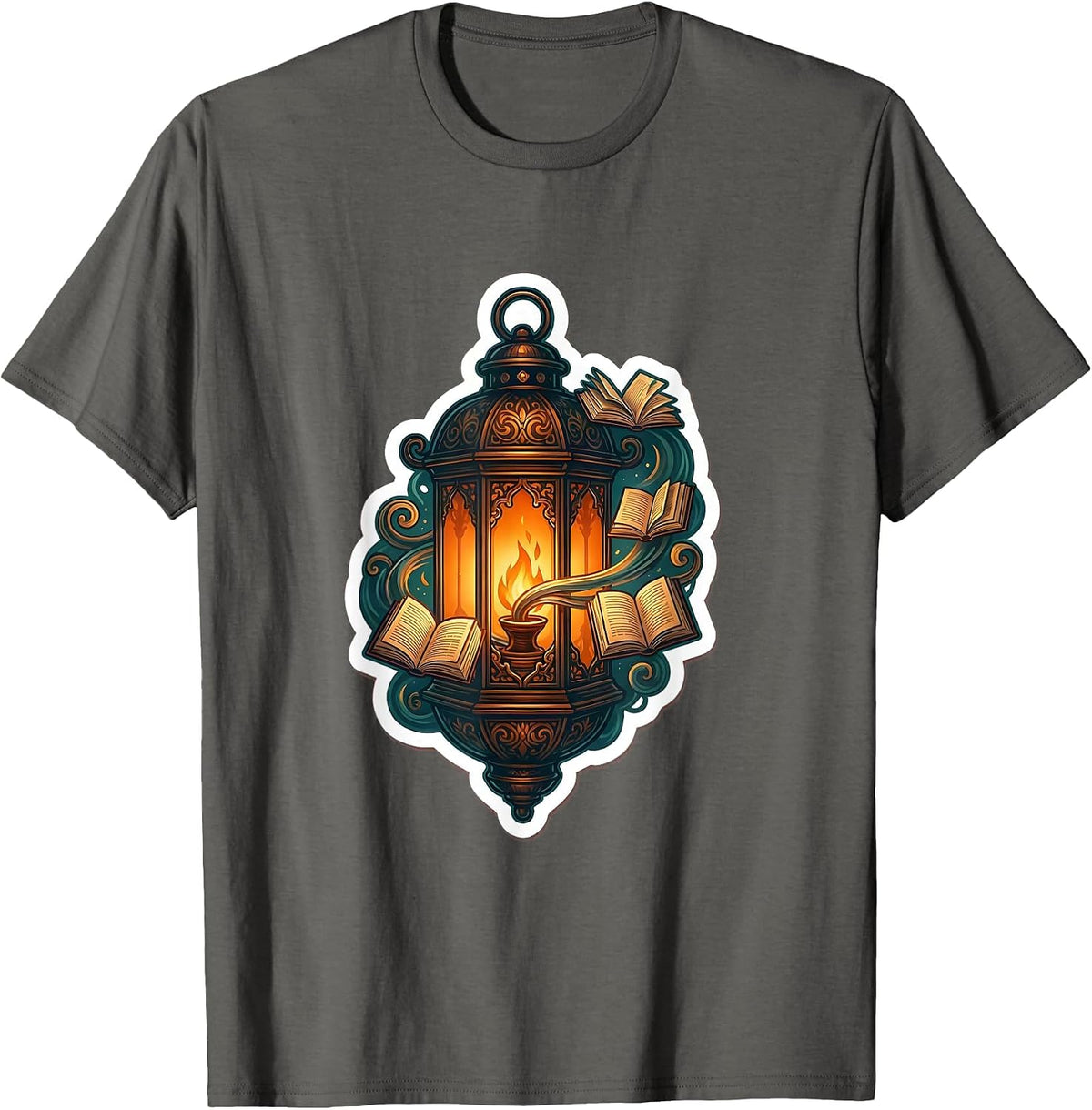 Reading Teacher Glowing Lantern Floating Letters T-Shirt - Asphalt Grey