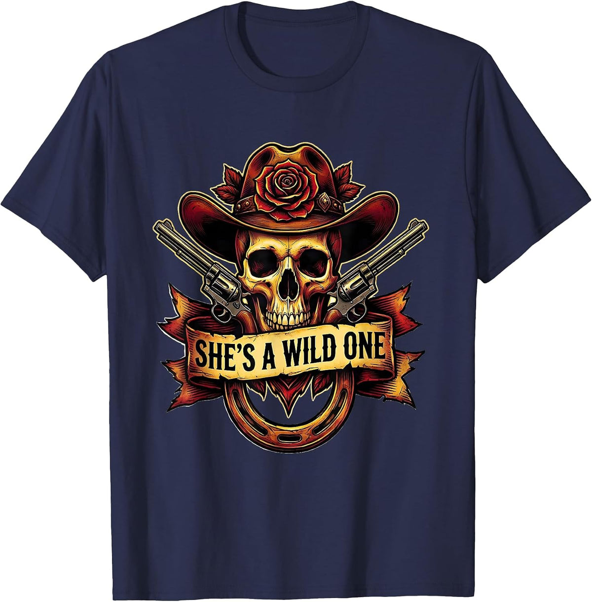 She's a Wild One Cowboy Western Design T-Shirt - Navy Blue